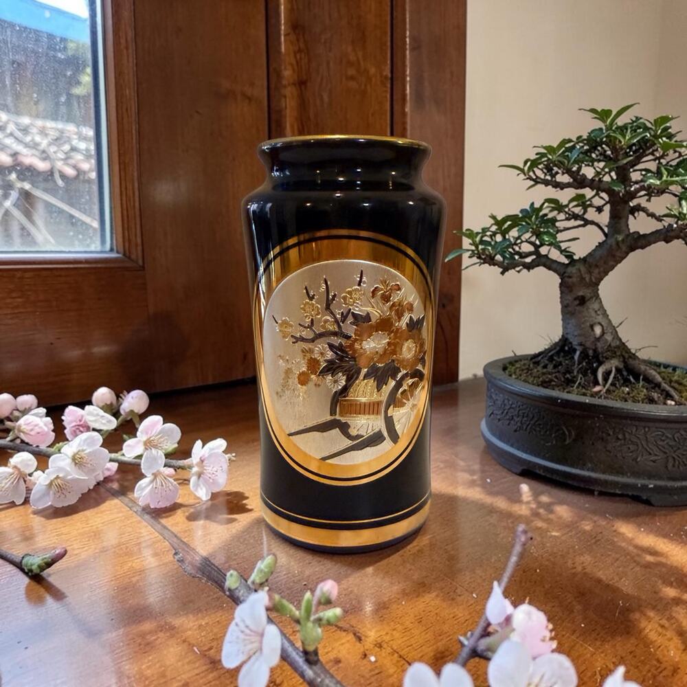 Vintage 11" Art Chokin Japanese Vase 24K Gold Gilded Imperial Flower Cart Black